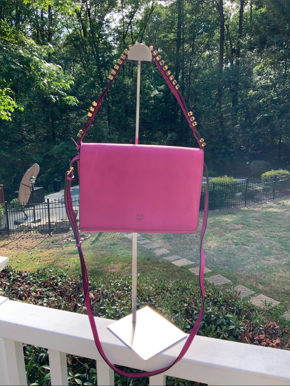 MCM Fuchsia Leather Shoulder Bag with Studded Strap GUC